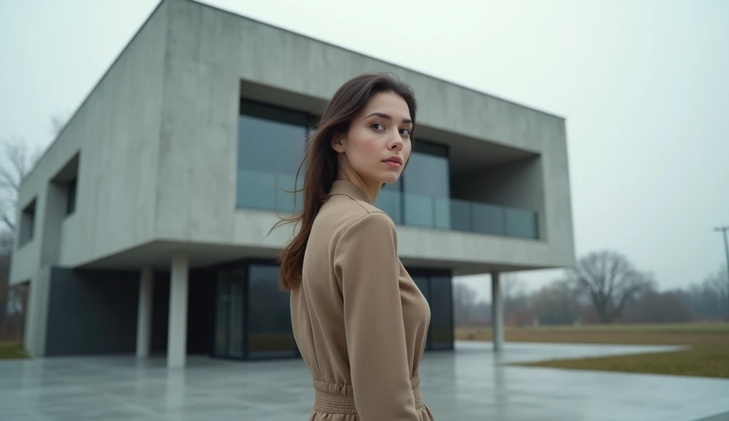 European young woman stand near to modern new concrete building, He's looking sideways to the camera, gray colors, realistic