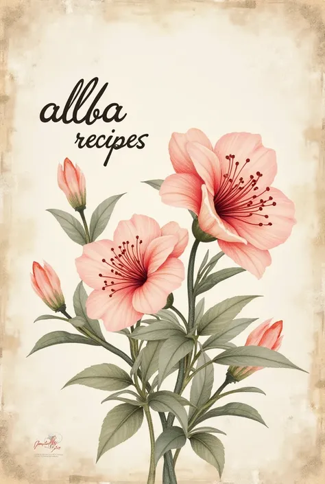 A vintage-style decorative painting ,  with azalea flowers painted in watercolor in pastel tones and a phrase written in Spanish that reads "Alba recipes ",  with an elegant typography  