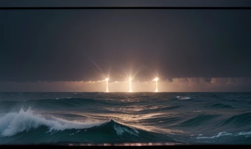 ((( Create 5 five glowing spheres of light flying over the ocean)))a scene in the middle of the ocean , rough sea, Storm at sea.⚠️,  best quality angle,  hyper detailed ,  cinematic light ,  intricate details,  high resolution, 8k,  extremely detailed)),  ...