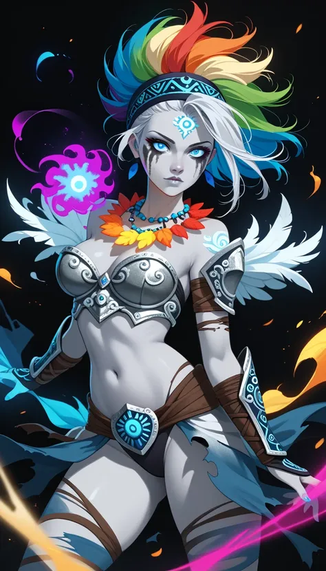 Sexy , Solo, ((Haunting Presence:1.3, Emotionless Expression:1.3)), Glowing, Silver skinned girl, (silver skin:1.3), really short hair, spiked hair, glowing hair, rainbow colored hair, glowing colorful eyes, Feathered Tribal Headband, Feathery Angelic Armo...