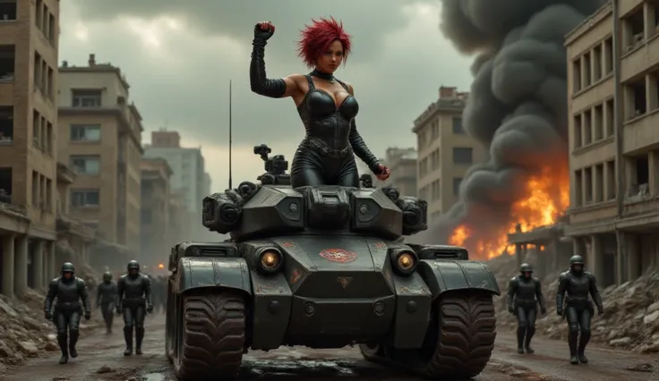 "A fierce woman with striking red skin and an edgy short haircut, Red Skullina, stands atop a towering Hydra tank as it rolls through a devastated city. She wears a sleek black tactical suit adorned with the Hydra emblem, and her expression is triumphant a...