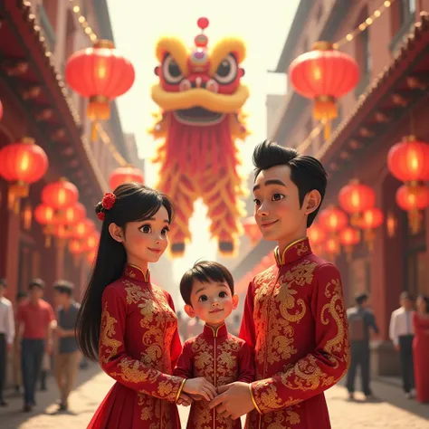 real pictures a scene of a Chinese New Year celebration in an urban street setting. Include a thai man and a thai woman and a boy 2yo in traditional Chinese attire standing in the foreground, both wearing elegant red outfits embroidered with golden dragon ...