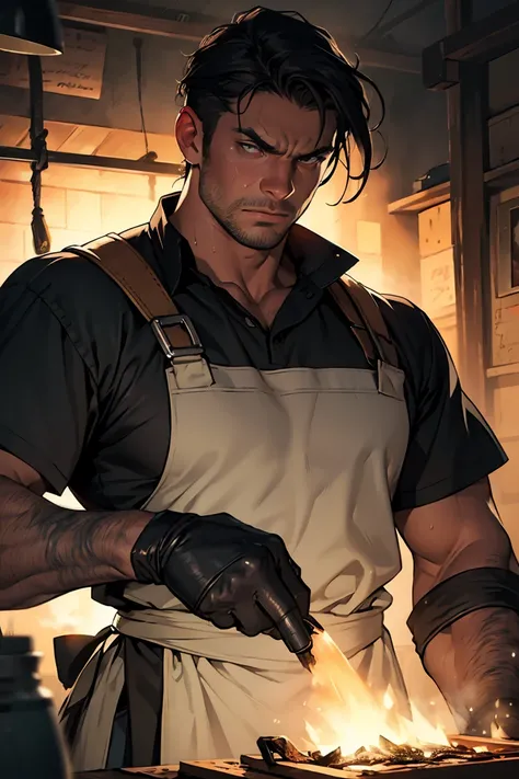 a medieval blacksmith, portrait, muscular man, dirty face, sweaty, working in forge, leather apron, glowing hot metal, sparks, steam, detailed facial features, chiseled jawline, furrowed brow, intense gaze, dramatic lighting, chiaroscuro, cinematic, moody,...