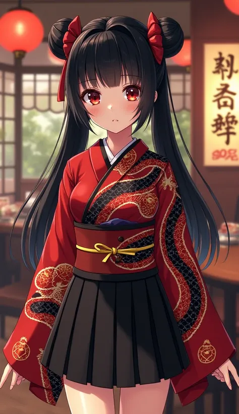 Girl with long straight black hair with pigtails tied in the shape of a ball Japanese style clothing short kimono color red and black forming a dragon in a Japanese anime-type restaurant