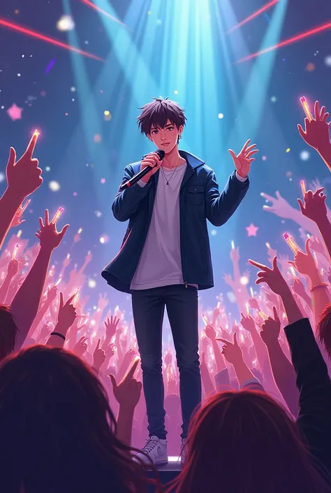 Picture a handsome, tall, and nice male idol in his early 20s who sings with a microphone on stage and people waving a cheering stick on the stage as illustrations for a web novel