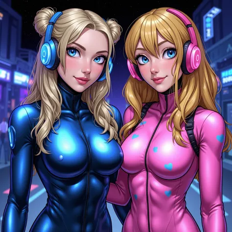 Extremely beautiful standing comic book woman who is modest and has a sexy smile and is a half blue luminescent full body robot woman with long wavy blonde hair in space buns and glowing blue eyes. Big shiny lips and very long eyelashes. She's wearing a ne...