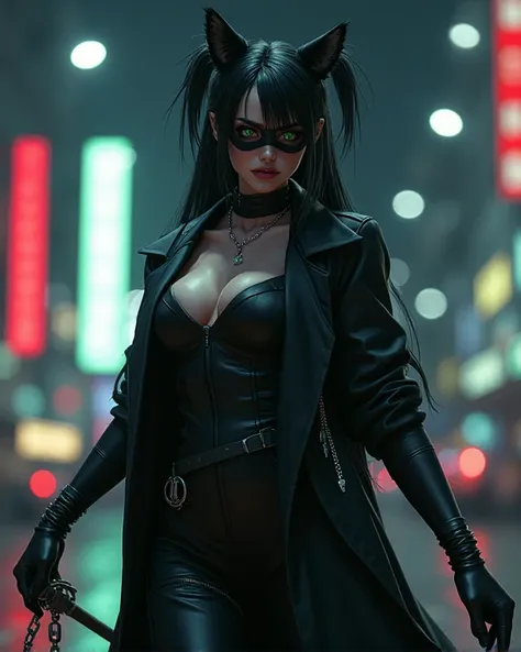 Create a female human character Vilaã ,  with compressed hair half wrapped in black with white lock ,  wearing a black secret agent outfit with a fluff ring in white , green cat eyes,  wearing a black mask with cat ears ,  making a standing position lookin...