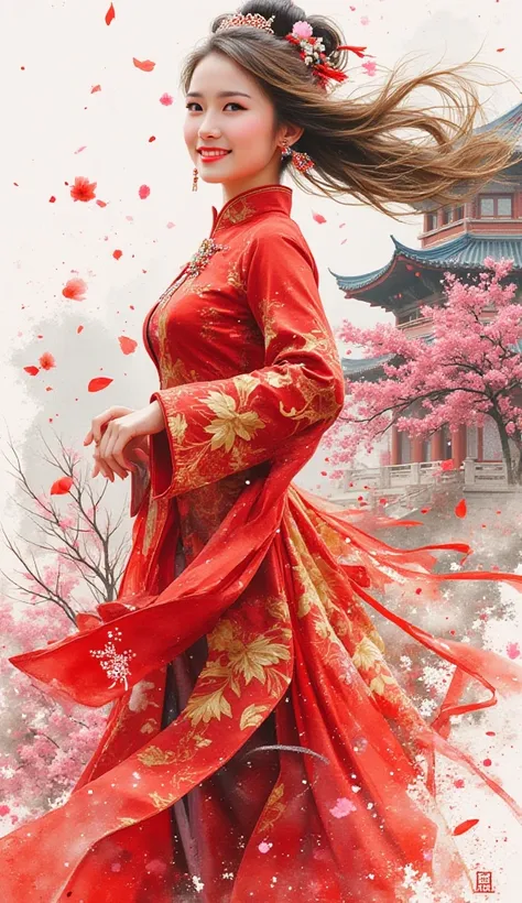 Create watercolour splash art style. A beautiful Chinese woman. Wearing a beautiful and charming traditional Chinese dress CHEONGSAM. Red and gold colors. With stunning jewelry. Looks graceful and charming. Cheerful facial reaction with a sweet smile. Stan...