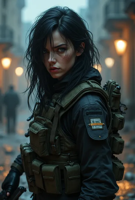 modern warfare video game russian pale women long a little messy black hair dark blue eyes wearing tac gear, looks like she’s in a call of duty video game doesn’t look realist she’s mad