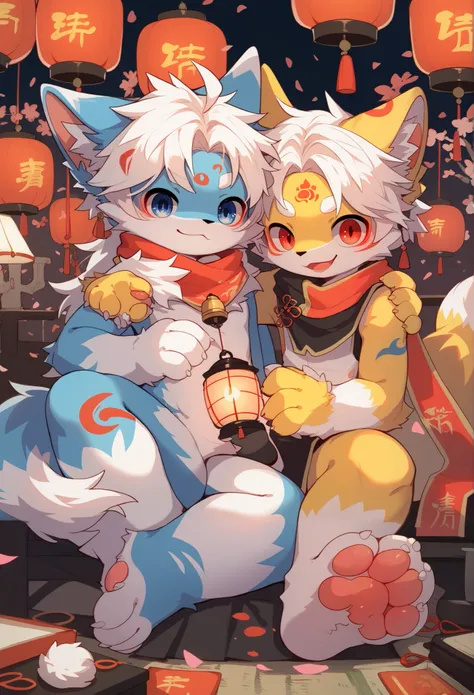  fox boy， furry boy，Characteristics of a young Ren ，White hair， yellow skin，White Arm，scarf，Bunny Boy，furry boy， toddlers， white hair ， white skin ，Hanfu，Chinese New Year，Edelweiss，Osmanthus fragrans，Red Lantern