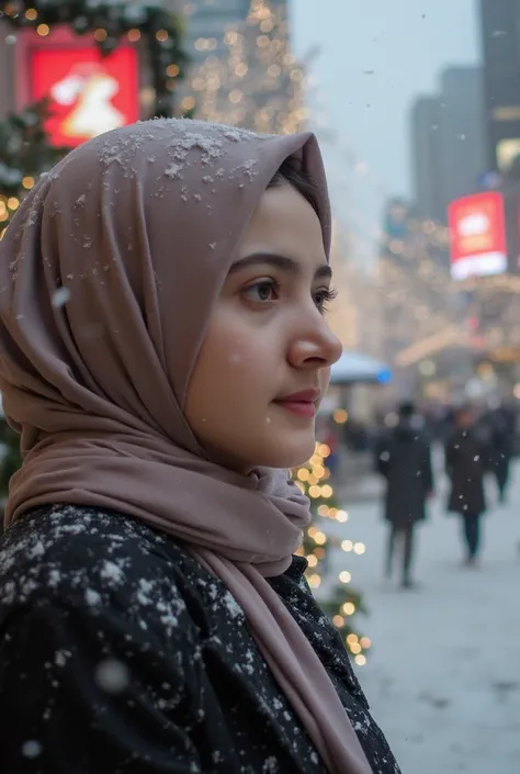  The streets in the middle of heavy snow are gorgeous with Christmas trees and illuminations　Asian beauty wearing hijab meeting up 　Close-up face　