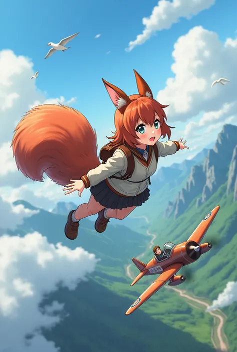 Anime Flying Girl soaring through the air with wings, large red fluffy squirrel tail and ears, ginger hair, clouds, valley with mountains and a river below. Single passenger plane on the right, visible friend piloting it, close to the ground while flying, ...