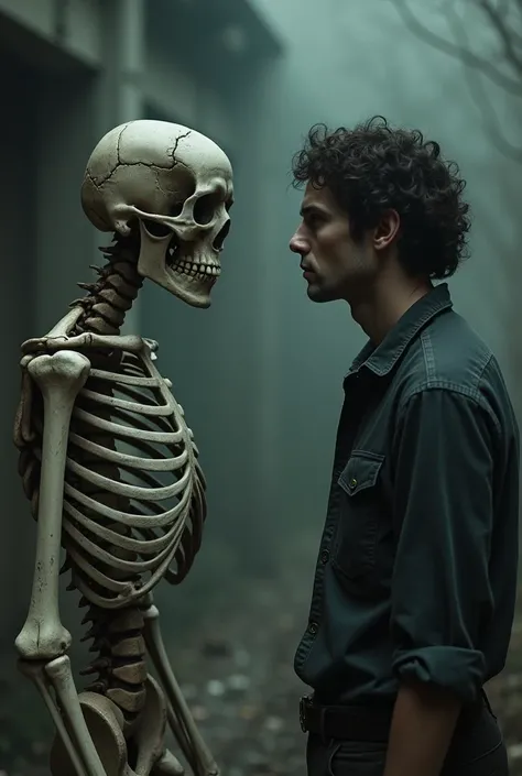 A skeleton and a human being talking sadly