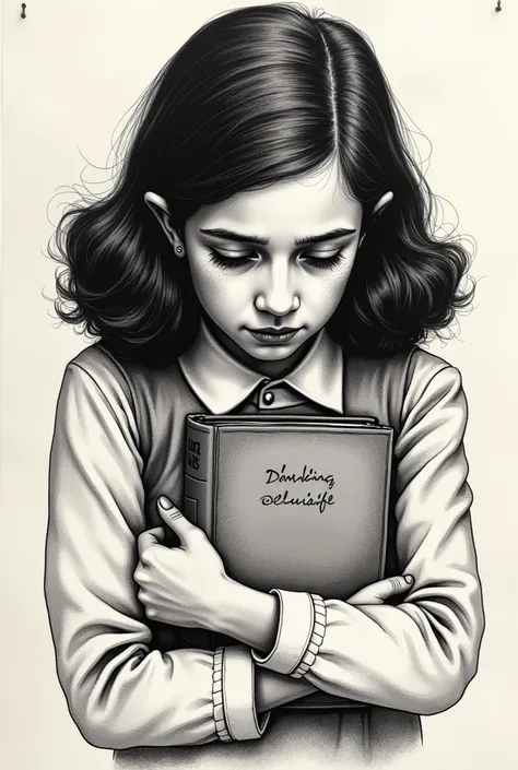  Anne Frank as a teenager drawn with ink ,  his emotions of fear and desire for freedom felt during the period in the appendix are represented.  Head down {x} Head down, hands hugging her diary to her heart.. Face marked by the emotions expressed in his di...