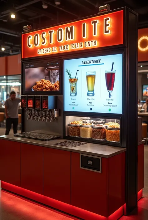 kiosk that can customize cocktail drinks and foods for part with cocktail dispenser and visible food storage and big screen that shows food and cocktail drinks that you can customize and a coin or card putter for billing