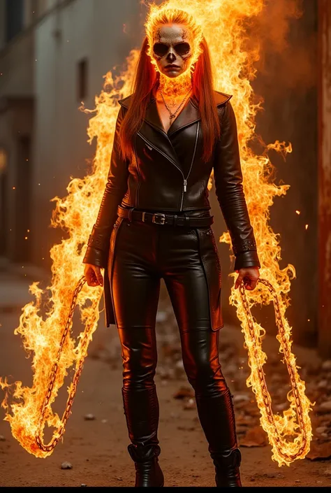   full body shot ,   she gives off an aura of vengeance and lethal elegance {x} fiery accuracy that blends ghost rider and black widow essences ,  , her skeletal face wrapped in flames  .   with fiery eyes burning with supernatural anger and the cunning of...