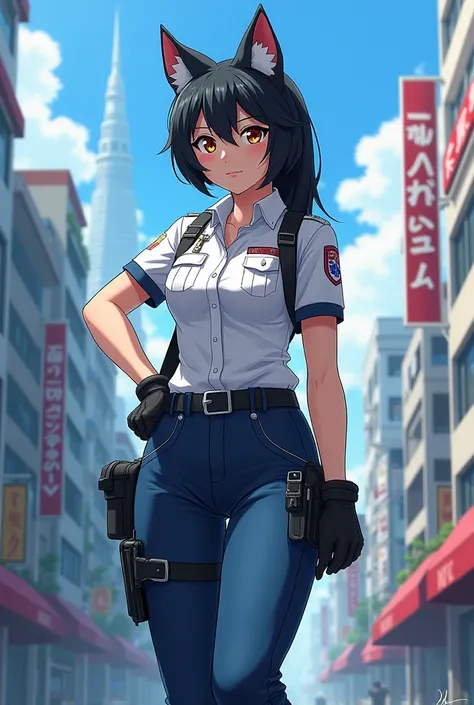 my hero academia style, anime, anthro shiba inu girl, black fur, paramedic uniform, brave, determined, japan