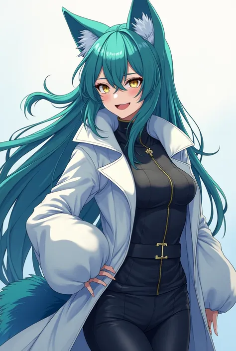 ( maximum quality,  best quality angle,  official art , beautiful and aesthetic :1.2) female anime, wolf girl, rebellious girl, long green hair with bangs covering the right side of the face,  golden eyes,  blue wolf ears , voluminous blue tail ,  volumino...