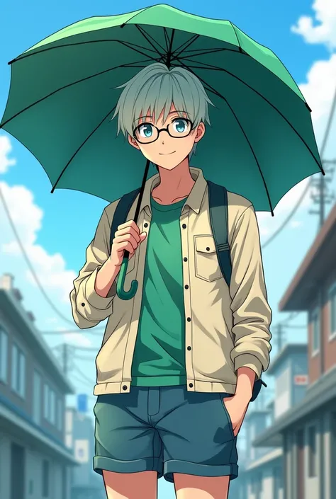 boku no hero art style,young man, faded hair , green umbrella, glasses, full body, color is blue, casual cloths