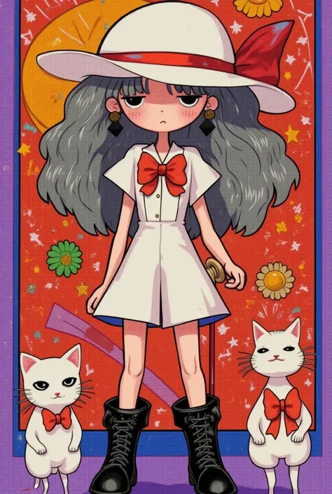 (masterpiece,  perfect detail), ( 1girl , doll body, ball jointed doll, ball jointed, anatomy correct, Silver short bob,  with bangs and eyes hidden , Purple Lips, white sleeveless feminine tuxedo suit, white above knee shorts,  is wearing a big red bow on...