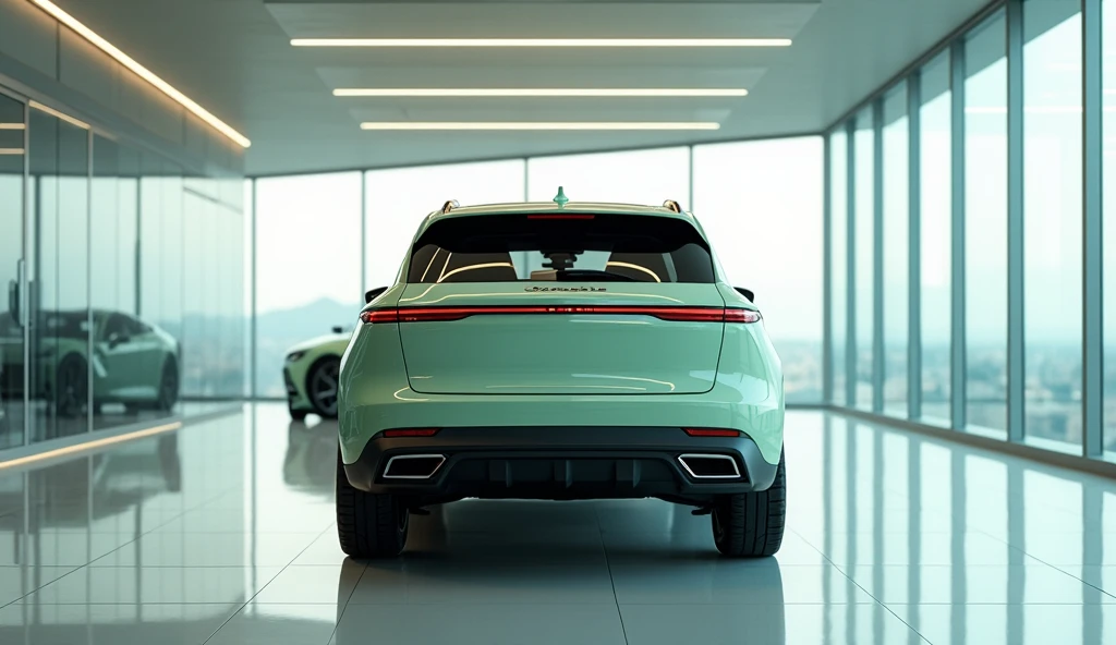 High resolution picture of Lite Green Genesis GV70 back view in pristine showroom, clean and shiny floor, ceiling glass windows on right side, shiny showroom.Flux style,Best Quality, 