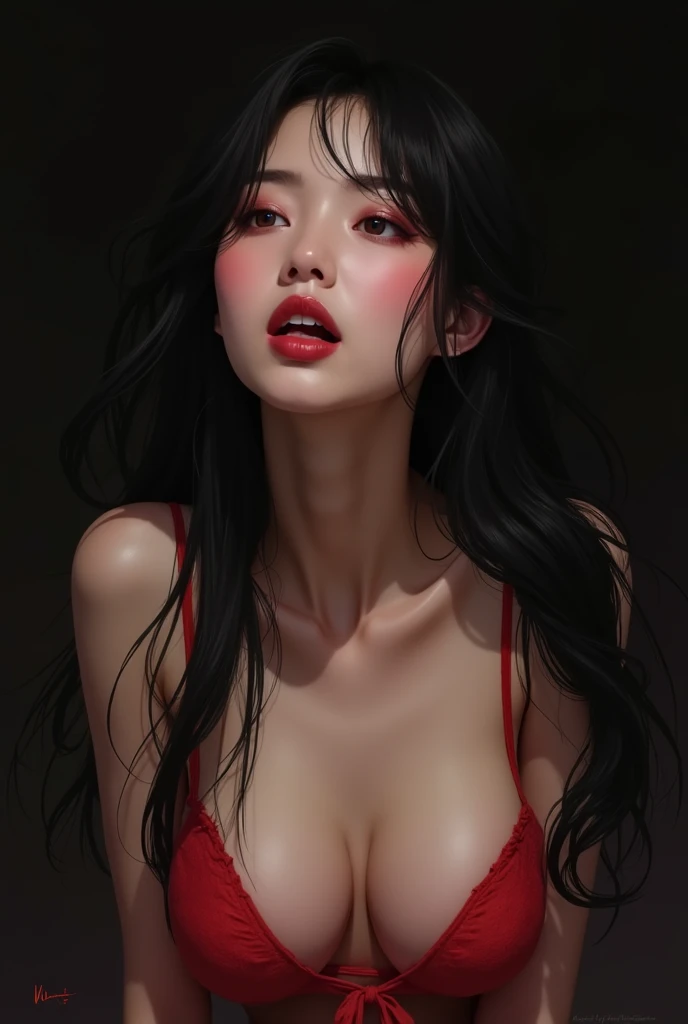 naked korean female, eye-rolling face, ahegao face, black long hair