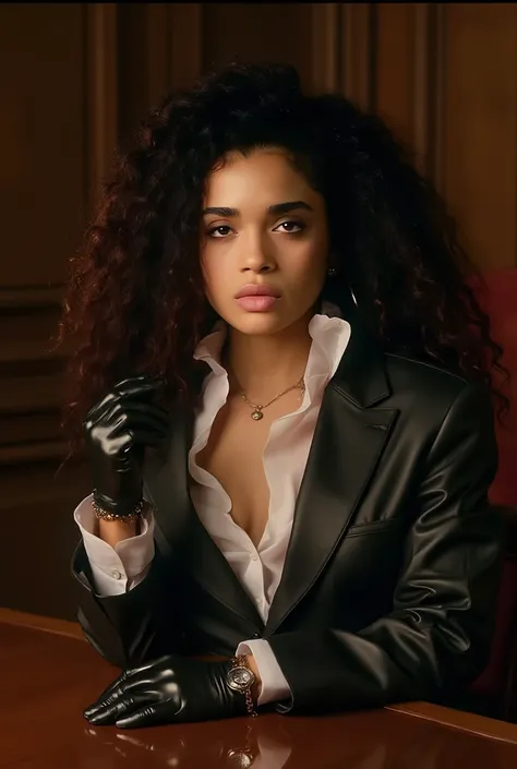 
1920s. (Lisa Bonet) Fearless, a ruthless and fearsome female criminal, with long curly brown hair and brown eyes tightening gloves in elegant men&#39;s leather mafia suit,white satin shirt,big bursting breasts,exposed cleavage, leans forward on the table,...