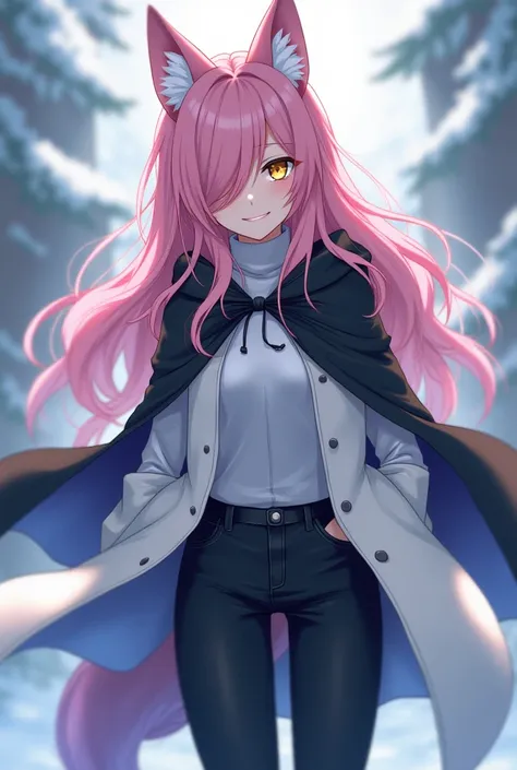 ( maximum quality,  best quality angle,  official art , beautiful and aesthetic :1.2) female anime, wolf girl, rebellious girl, long pink hair with bangs covering the right side of the face,  golden eyes, pink wolf ears, voluminous blue tail ,  voluminous ...