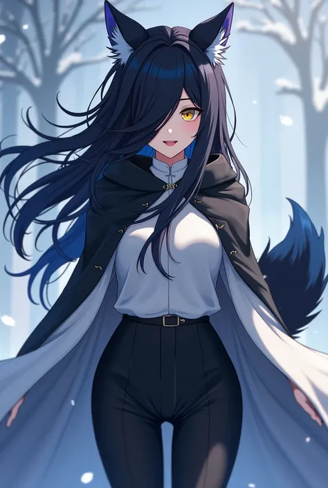 ( maximum quality,  best quality angle,  official art , beautiful and aesthetic :1.2) female anime, wolf girl, rebellious girl, long black hair with bangs covering the right side of the face,  golden eyes,  black wolf ears, voluminous blue tail ,  volumino...