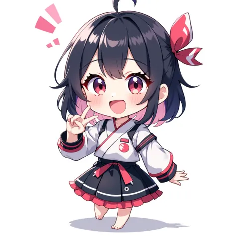 ( chibi:1.4), chibi character, chibi style, toe, (cwhite background:1.4),full body,masterpiece, high quality, 4K, HDR,, A girl with frills,  anime style, Ninja、 with a cheerful smile、 open your mouth wide、 simple background、Japanese style、 black hair, 