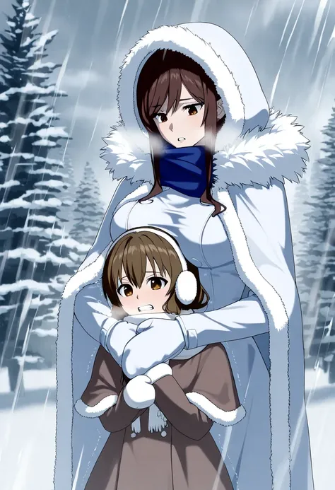 2girls, snow on head, snow on breasts, snow on body, white fur trim, 2 very cold mothers covered in a thin layer of snow freezing to death, 2 mature mothers with medium breasts and frozen brown hair full of snow shivering in the cold, frozen eyelashes, ver...