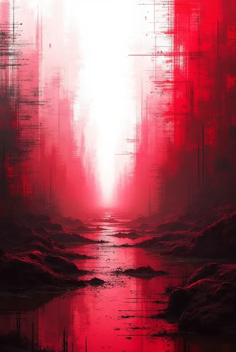 Create a background with a corrupted glitch effect that extends to the entire image using colors shades of RED and some white and neon red colors 