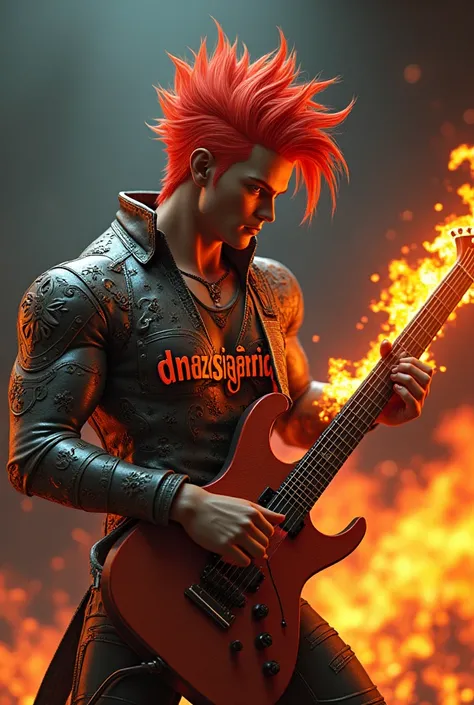 Anime 3d man with red hair wearing metal shirt carrying fiery guitar.on the front of the shirt there is a name " Dhanz'sijabrig  