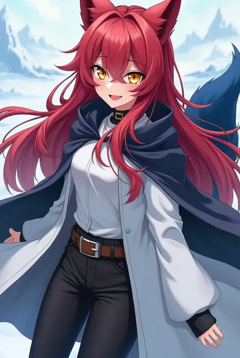 ( maximum quality,  best quality angle,  official art , beautiful and aesthetic :1.2) female anime, wolf girl, rebellious girl,  long red hair with bangs covering the right side of the face,  golden eyes, red wolf ears , voluminous blue tail ,  voluminous ...