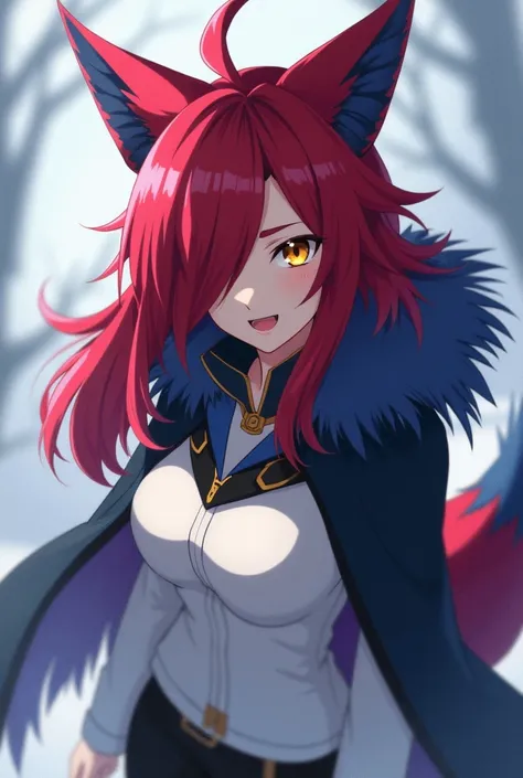 ( maximum quality,  best quality angle,  official art , beautiful and aesthetic :1.2) female anime, wolf girl, rebellious girl,  long red hair with bangs covering the right side of the face,  golden eyes, red wolf ears , voluminous blue tail ,  voluminous ...