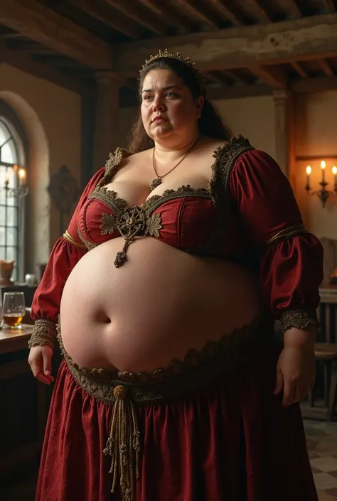 An extremely obese, chubby, fat female wearing a medieval dress. Gigantic breasts, macromastia. Realistic, cinematic, film still. In a medieval tavern. (Breasts 5x bigger than her head),