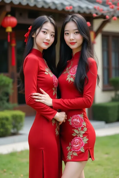 realistic portraits shot with a Canon EOS camera, featuring two beautiful and lovely 20-year-old korean girls with long black hair tied with a red bow, the same height, slender legs, proportional head, and A-cup breasts. One wears a long, tight-fitting red...