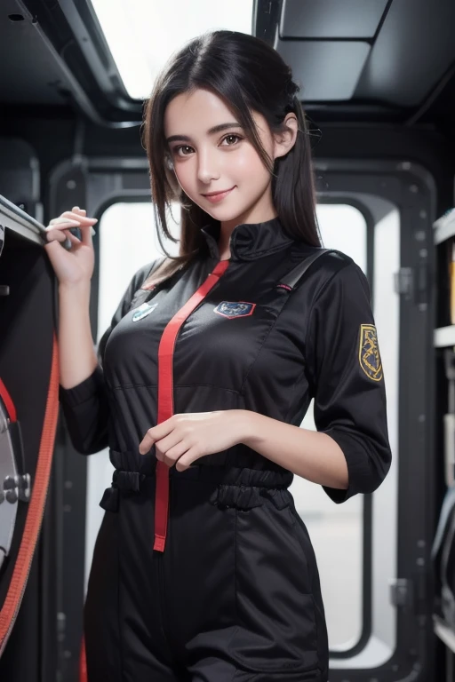 An absurd resolution, high res,20 age, (masterpiece: 1.4), super detailed , dark-haired young woman dressed as a technician, blushing and excited expression , Dark haired young woman dressed as a