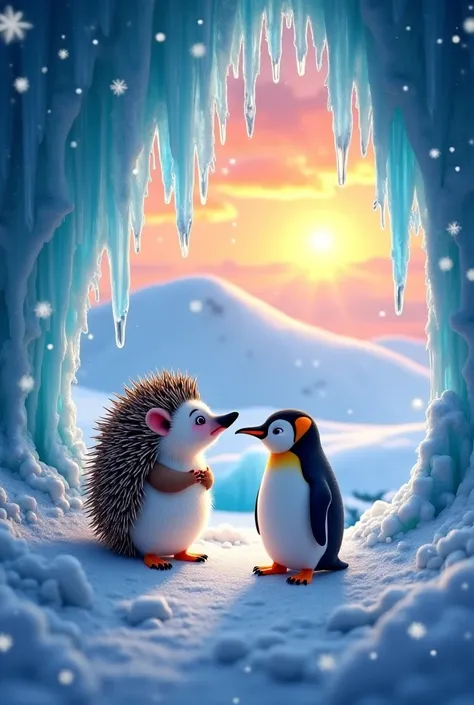 "A hedgehog and penguin stand at the entrance of a hidden ice cave filled with sparkling icicles. The hedgehog looks amazed, its ears perked up, while the penguin smiles proudly. Snowflakes drift gently around them, and the background shows a snowy hill an...