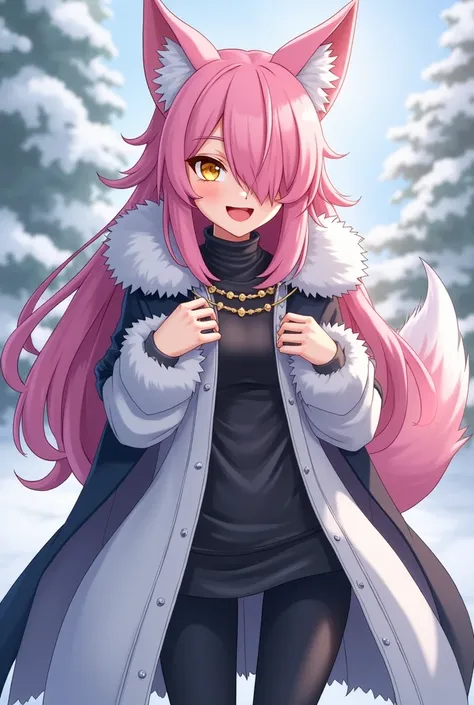 ( maximum quality,  best quality angle,  official art , beautiful and aesthetic :1.2) female anime, wolf girl, rebellious girl, long pink hair with bangs covering the right side of the face,  golden eyes, pink wolf ears, pink voluminous tail,  voluminous w...