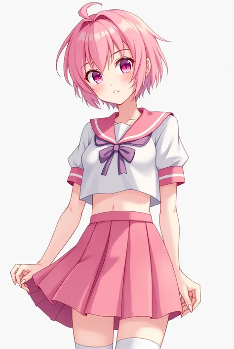 A anime boy with  pink hair and pink eyes he has a school uniform on which is a pink skirt and a whitecrop top and white thigh highs and is a male anime boy 