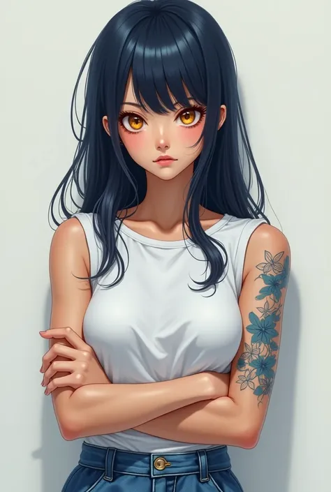 
Beautiful woman, youthful appearance, long blue-black hair, side bang. The woman has an angry and adorable expression. The woman has her arms crossed. The woman is wearing a white sleeveless t-shirt and a denim miniskirt. The woman is slim. The woman has ...