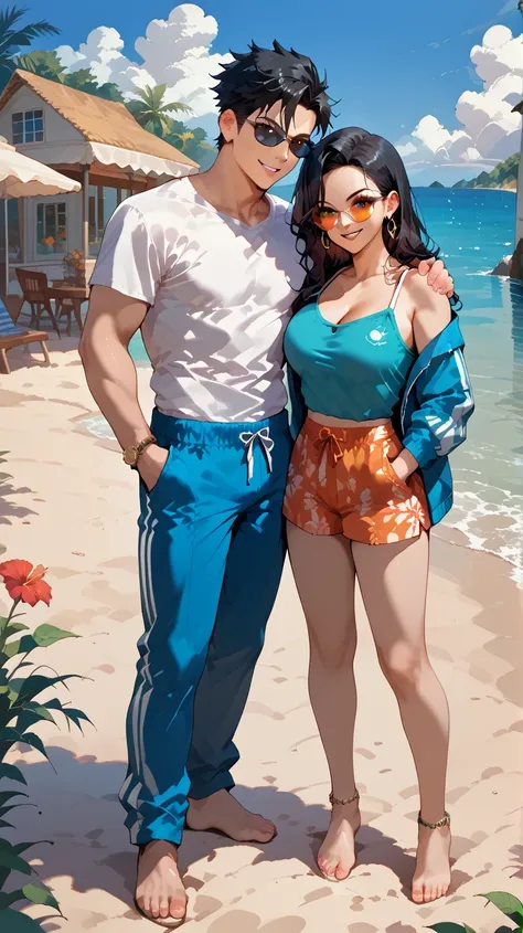  1 man, in swimming trunks, hands in pockets, cabellos curtos, 1 woman, Hand tidying your hair,  Medium to Large Breasts ,  long black hair , opaque sunglasses,  smiling, Sensual,  Into the sea, side by side,  full body, They both wear light beach clothes,...