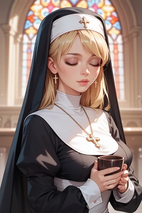 A woman with blonde hair, Dressed as a nun with her eyes closed, k cup breasts 