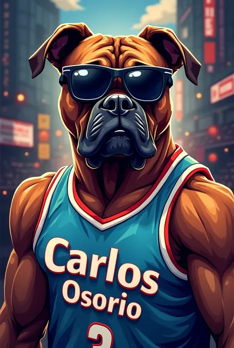 Boxer dog logo with sunglasses wearing a basketball jersey that reads Carlos Osorio