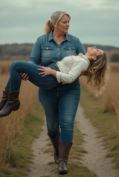  A country scene where the owner of a farm is a 65-year-old woman , tall and overweight of 1 . 87 with a big muscular back and muscular biceps . .  She wears cowboy boots , jeans,  denim shirt and skinny jeans and is so muscular that her wrist-length denim...