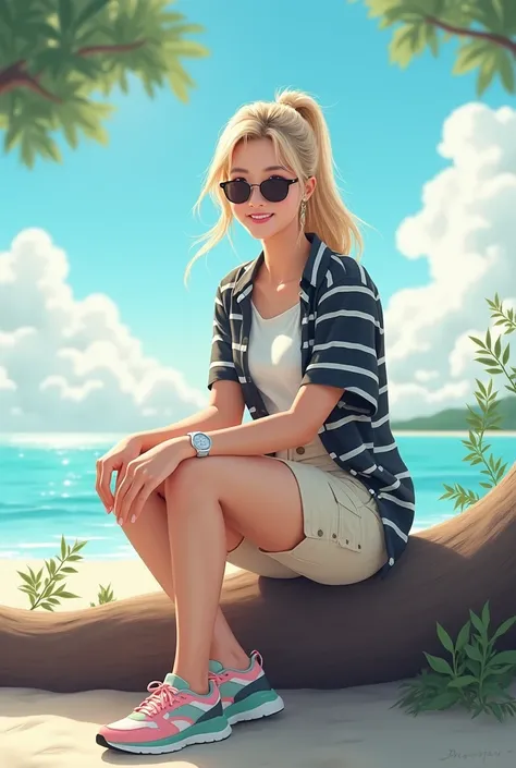 A beautiful Korean girl, Long blonde hair tied up in a ponytail, wearing sunglasses, wearing a short-sleeved shirt with black and white striped accents with a white t-shirt, wearing cream cargo shorts, Wearing a white watch, wearing pink and green sports s...