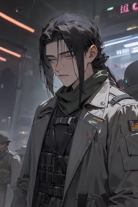 masterpiece, newest, absurdres, safe Solo, high detailed, male, Soldier, Black hair Rat tail hairstyle, silver eyes. Black shirt, greenish grey coat and black scarf, mullet hair, black hair, Harness holster. grey coat, large coat, grey overcoat. Male. Blac...