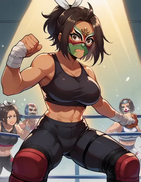 score_9, score_8_up, score_7_up, source_anime, hikari hazakura, black hair, brown eyes, hair ribbon, dark skin, dark-skinned female, large breasts,, Mexican, masked wrestler, wrestling crop top, bandaged hands, wrestling tights, knee pads, kickpads,