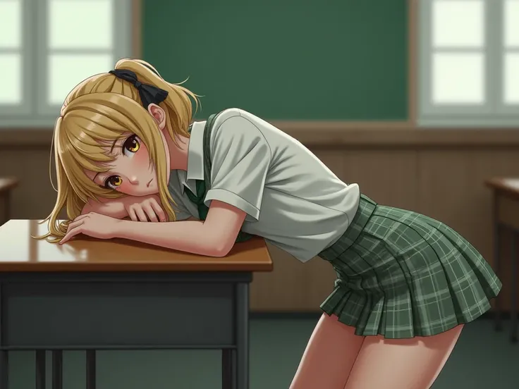 Generate nude. an 18 year old girl dressed as a schoolgirl, blonde with pigtails, white shirt, green tie, checkered skirt, leaning on a desk, in a school classroom. Her torso on the desk, face down, cheek resting on the desk, feet flat on the floor. Her sk...